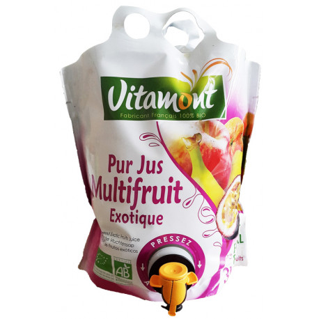 Pur Jus de Fruits Exotique Bio avec 3 fruits, sans eau ni sucre – 1 litre