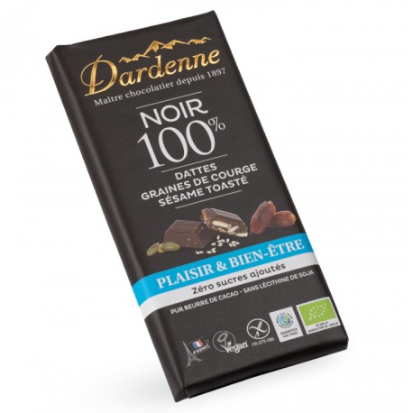 CHOCOLAT NOIR 100% Dattes Graines de Courge Sésame -DARDENNE -Choco