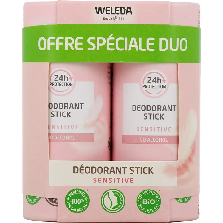 Weleda Déodorant Stick Solide 24h Sensitive Peaux Sensibles 50 g - Lot de 2