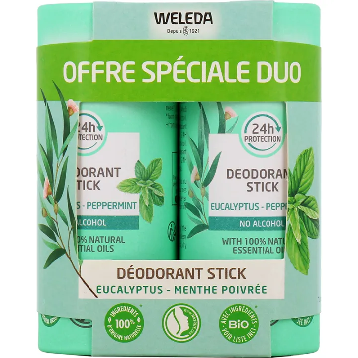 Weleda Déodorant Stick Solide 24h Eucalyptus & Menthe Poivrée 50 g - Lot de 2