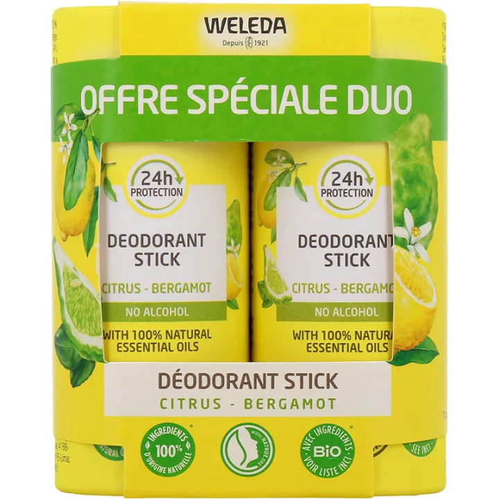 Weleda Déodorant Stick Solide 24h Citrus & Bergamote 50 g - Lot de 2