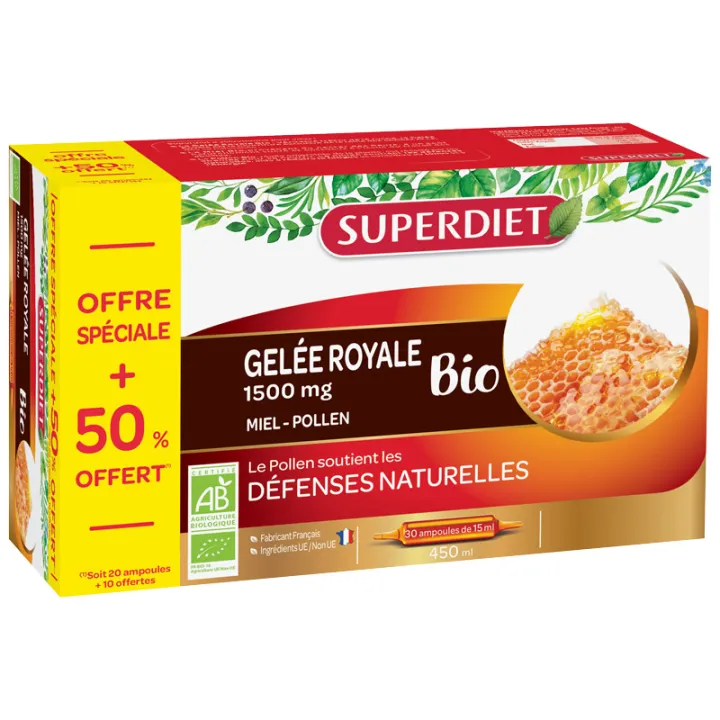 Superdiet Gelée Royale Miel Pollen Bio 30 Ampoules