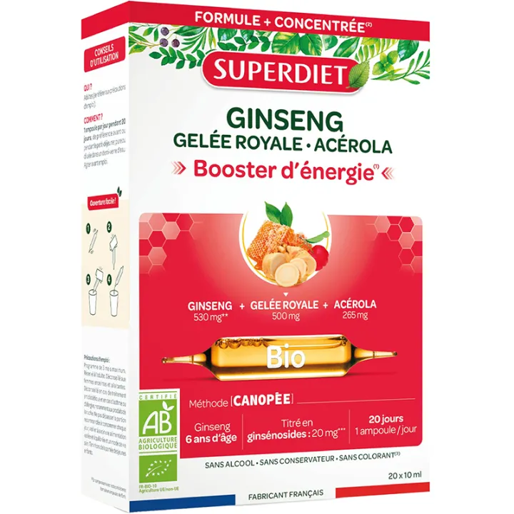 Superdiet Ginseng Gelée Royale Acérola Bio Tonus & Énergie 20 ampoules