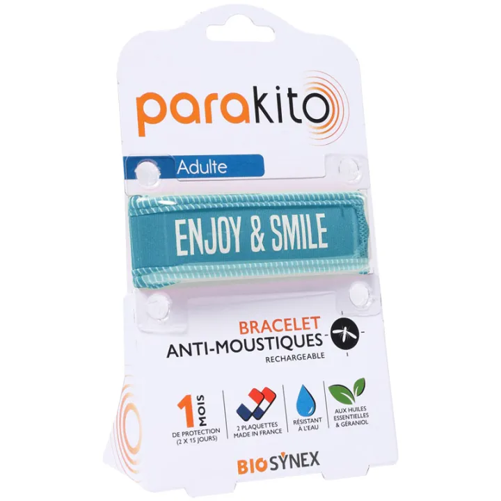 Parakito Bracelet Anti-Moustiques Rechargeable Adulte - Motif Enjoy & Smile Bleu