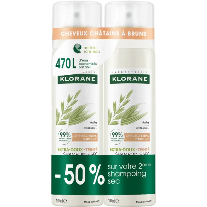 Klorane Shampoing Sec Teinté Avoine & Céramide-like – Cheveux Foncés – Lot 2 sprays 150 ml