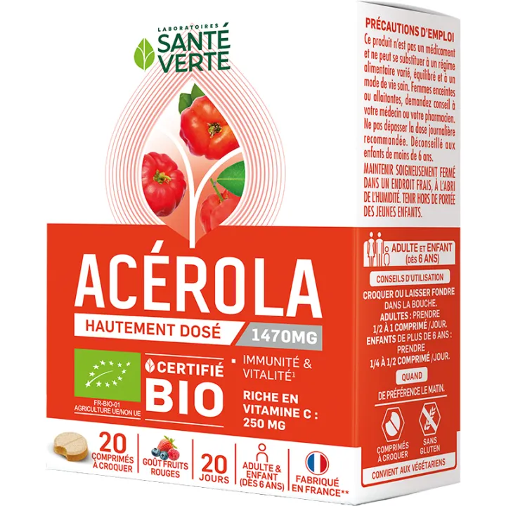 Acérola bio vitamine C 20 comprimés à croquer – Santé Verte
