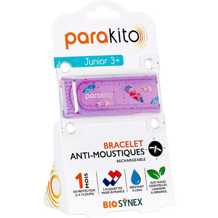 Parakito Bracelet Anti-Moustiques Rechargeable Junior 3+ - Motif Plumes