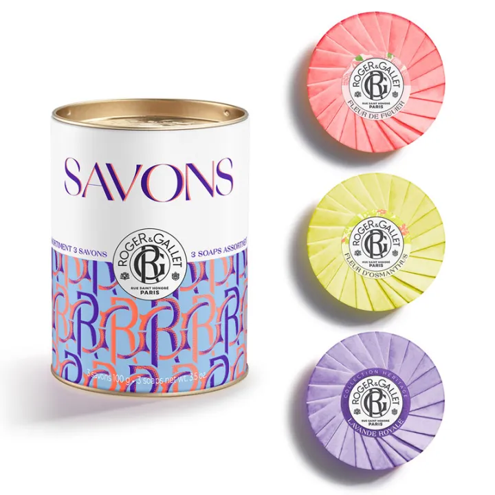 Roger&Gallet Pop Art Boîte 3 Savons Bienfaisants 3x100 g Bleu Fleur de Figuier, Fleur d'Osmanthus, Lavande Royale