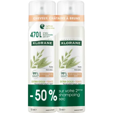 Klorane Shampoing Sec Teinté Avoine & Céramide-like – Cheveux Foncés – Lot 2 sprays 150 ml