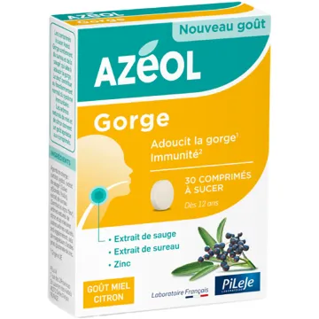 Pileje Azéol Gorge sauge, sureau et zinc 30 comprimés à sucer arôme miel-citron