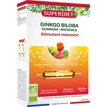 Superdiet Ginkgo Guarana Rhodiole Mémoire Bio 20 ampoules