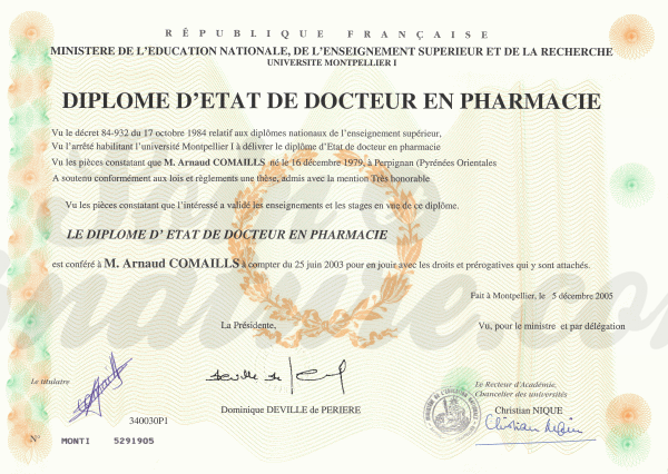 Diplôme de docteur en pharmacie d’Arnaud Comaills